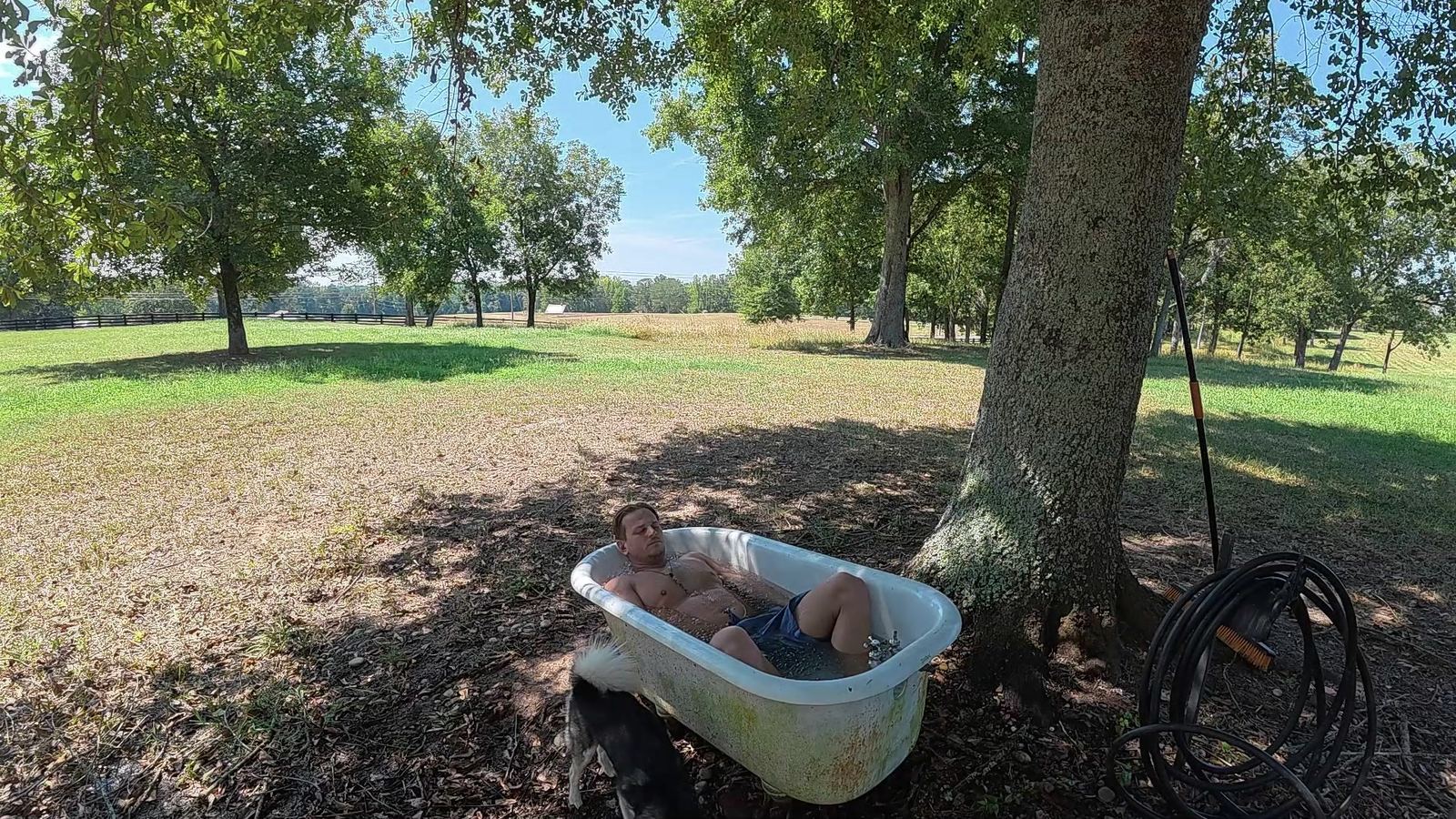 A man sitting in an old bathtub filled with ice water under a tree